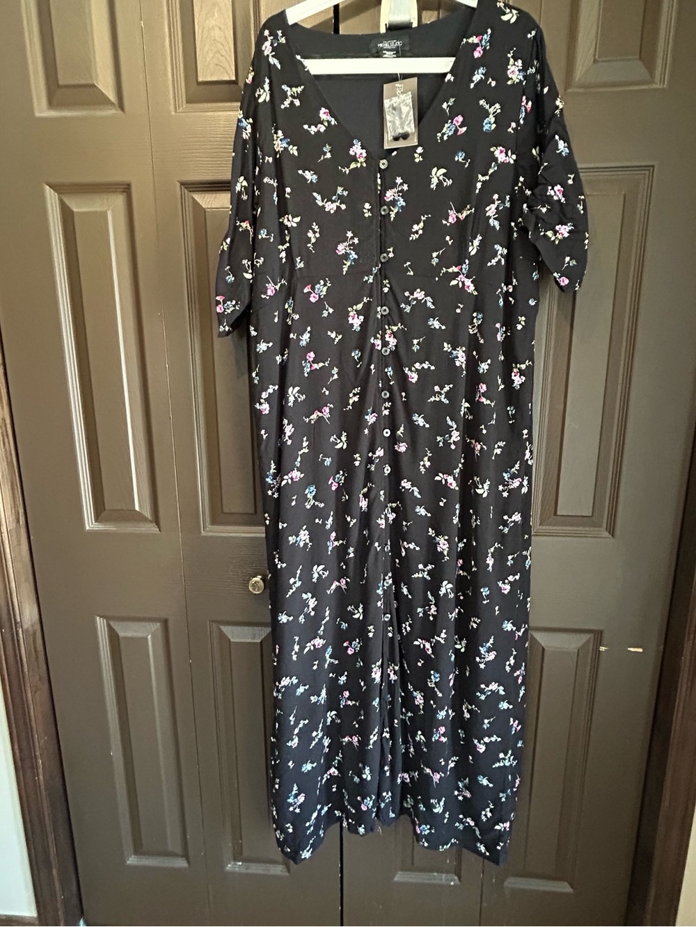 Michel Studio Black Floral Button-Front Dress with Pink & Green Blooms